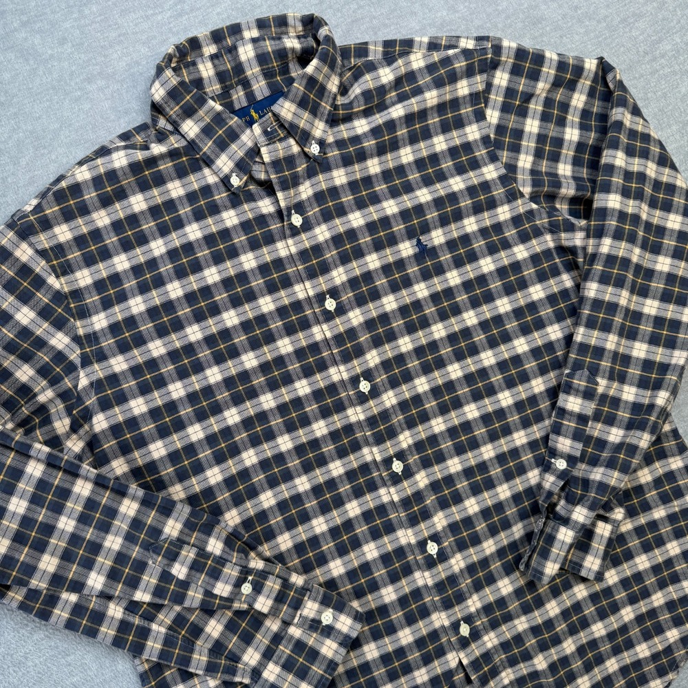 Polo Ralph Lauren Shirt Mens Large Blue Cream Tartan Plaid Oxford Button Down